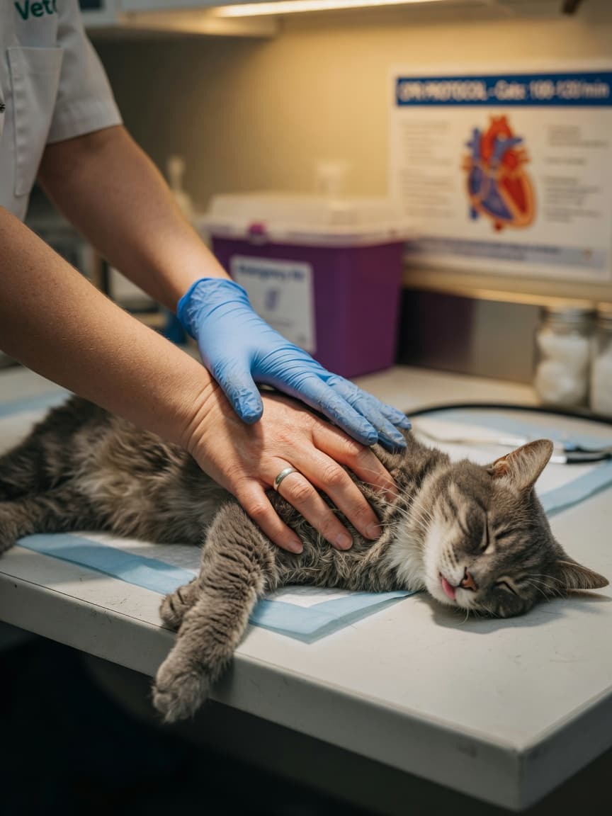 Veterinarian performing chest compressions on an unconscious cat during CPR