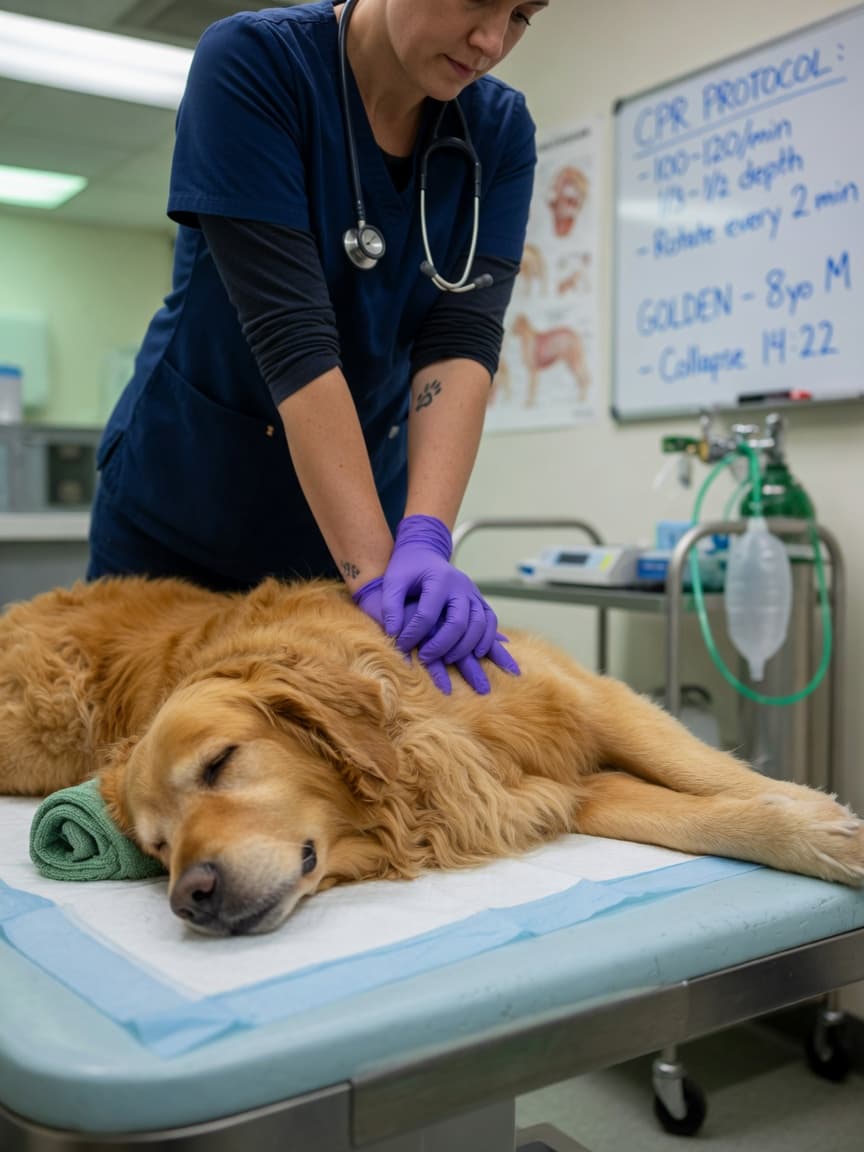 Veterinarian performing chest compressions on an unconscious golden retriever during CPR on an examination table