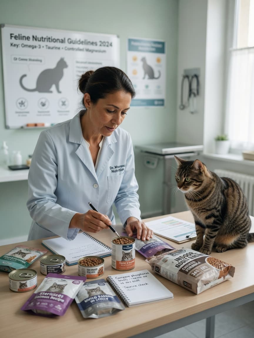 Veterinary nutritionist examining cat food labels and ingredients at a clinic table with a tabby cat observing