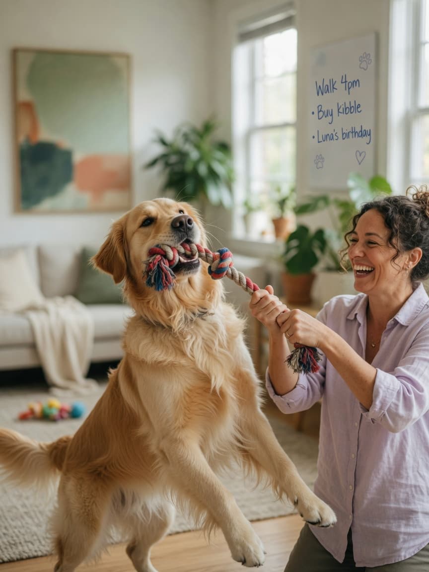 Woman and Golden Retriever joyfully playing tug of war with a rope toy indoors