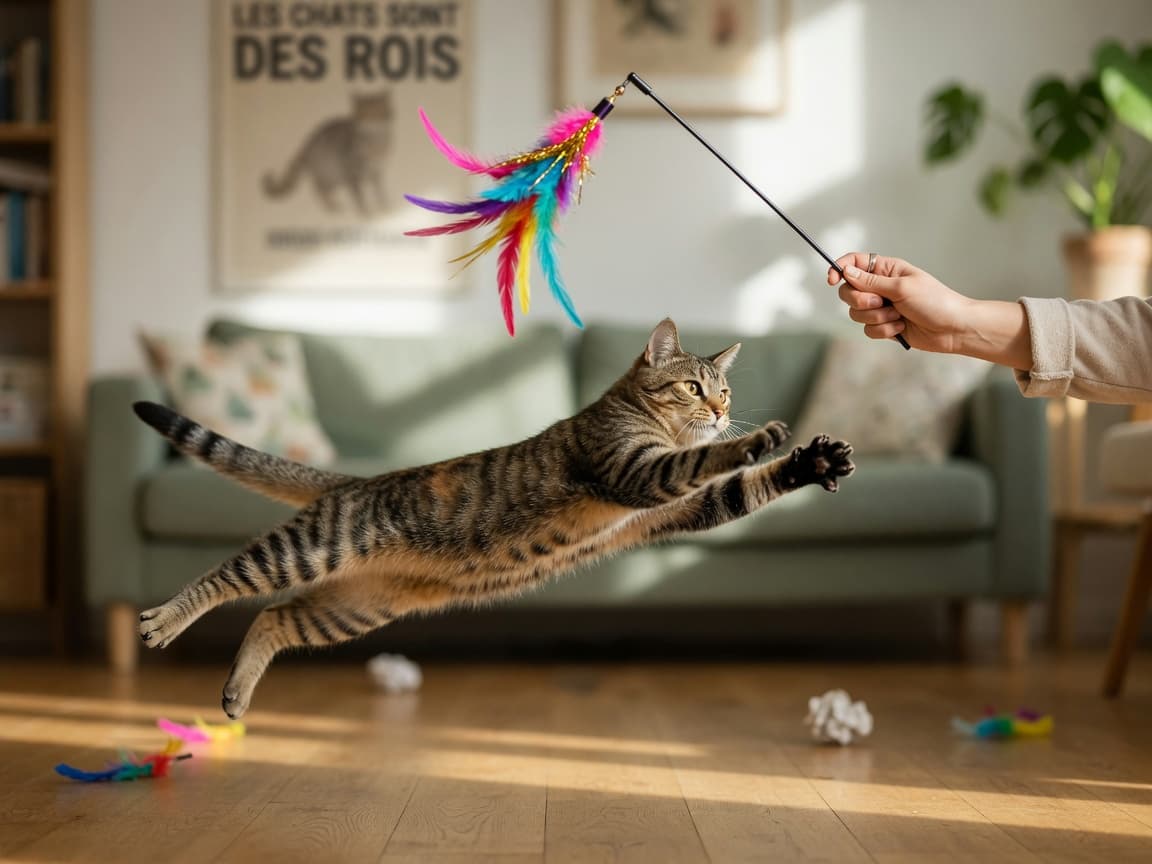 Tabby cat mid-leap playing with a feather wand toy held by human hand during interactive play session