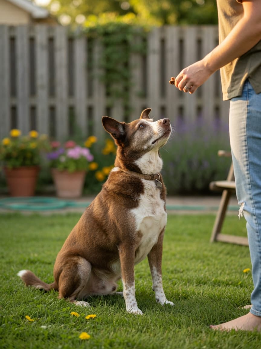 Adult dog sitting outdoors on grass during training with owner holding treat reward, demonstrating positive reinforcement for potty training