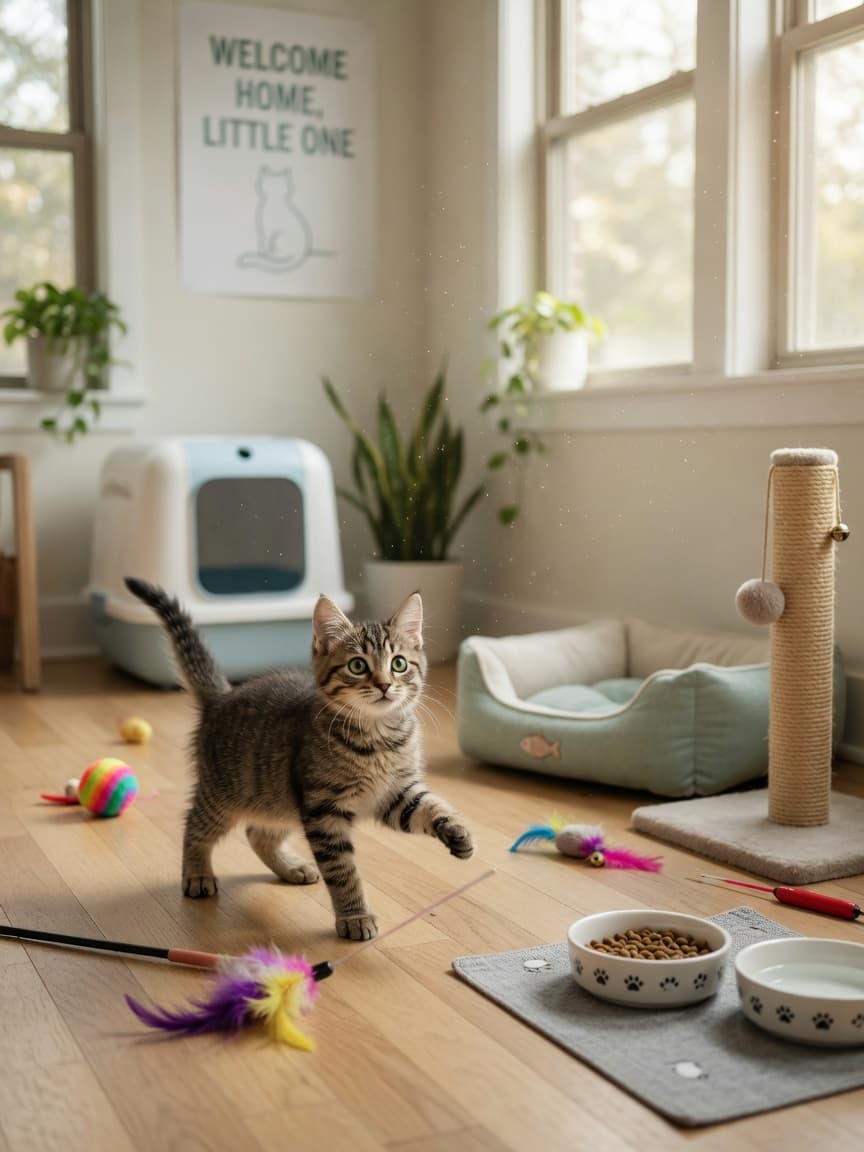 A curious tabby kitten exploring a bright living room filled with new kitten supplies including a cat bed, scratching post, toys, and litter box in warm natural sunlight