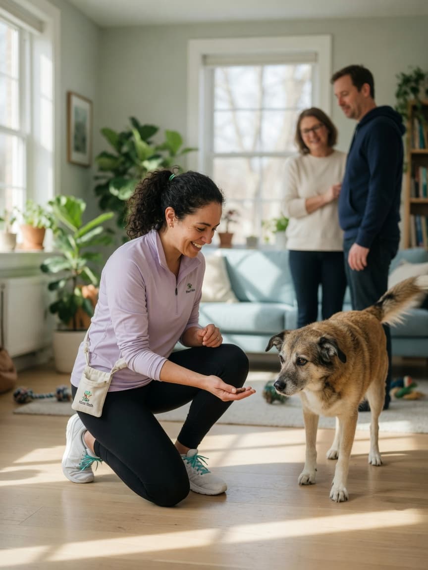 Dog walker greeting a medium-sized dog during an initial home visit while the owner watches supportively
