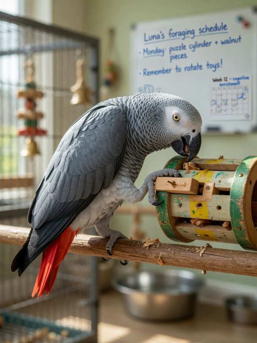 African Grey parrot solving a puzzle feeder toy with intense focus, actively foraging for hidden treats