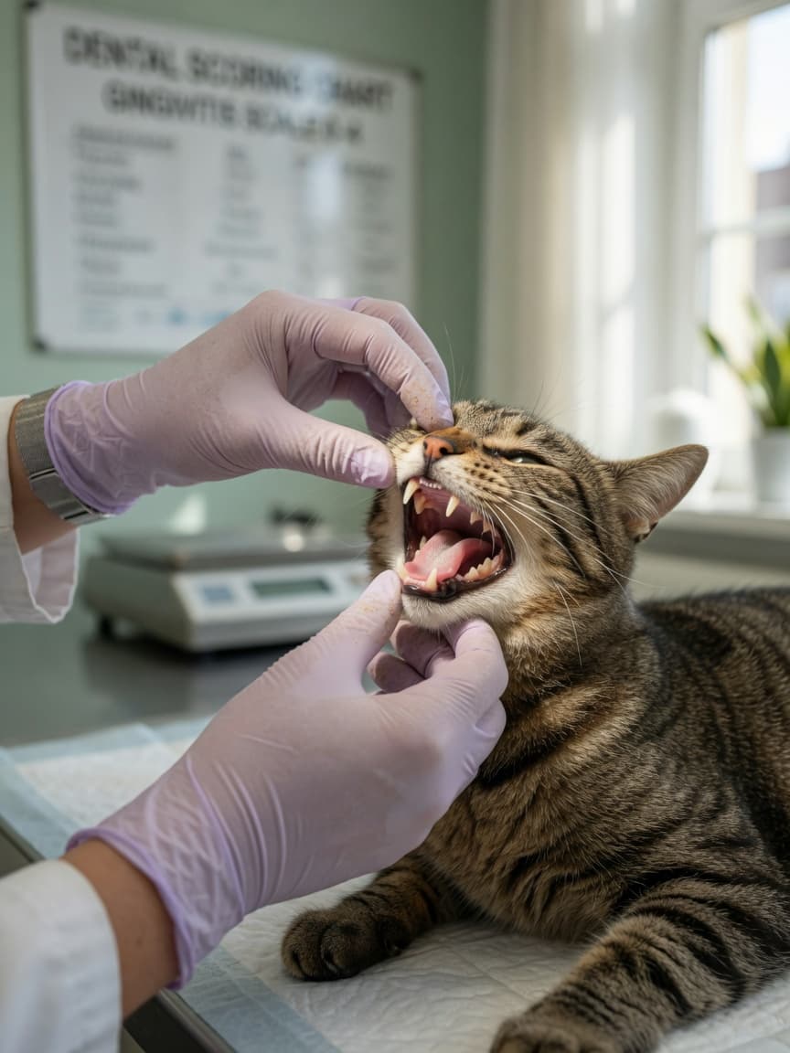 Veterinarian gently lifting a cat's upper lip during a dental examination