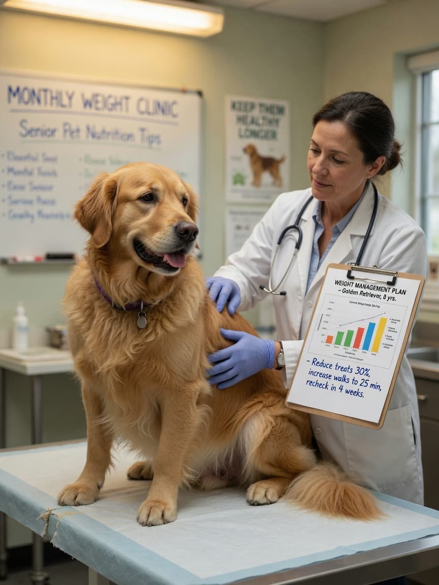 Veterinarian assessing an overweight Golden Retriever's body condition on examination table