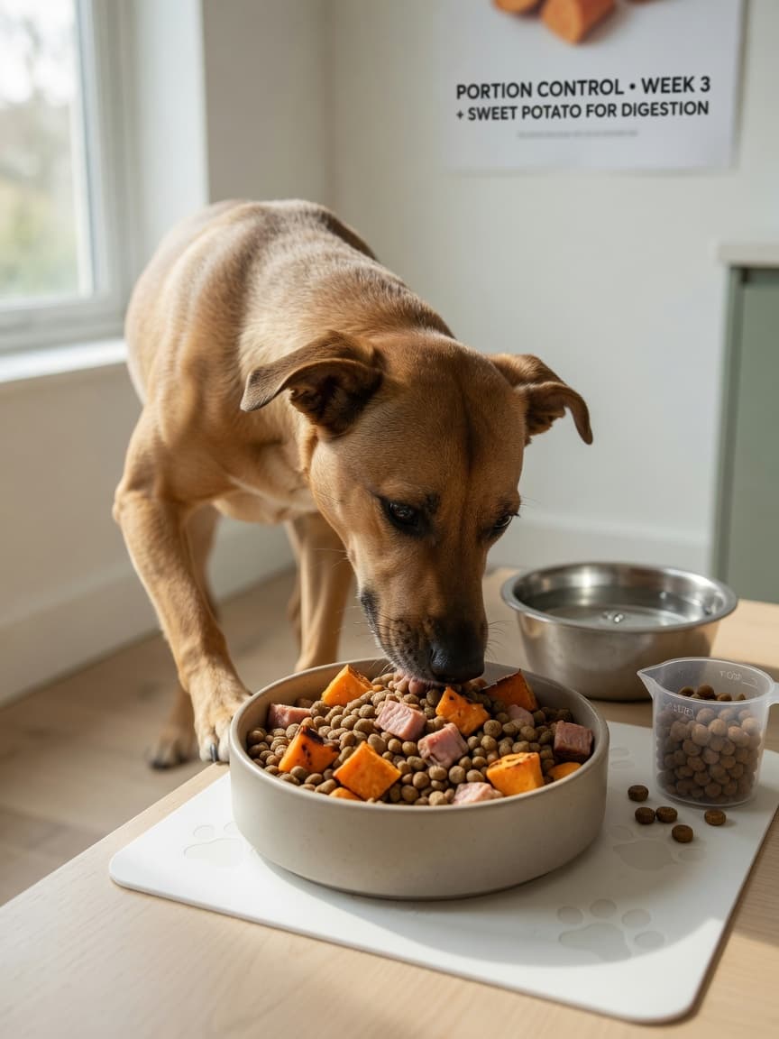 Underweight dog eating nutritious food from a bowl in a calm kitchen environment with fresh ingredients nearby