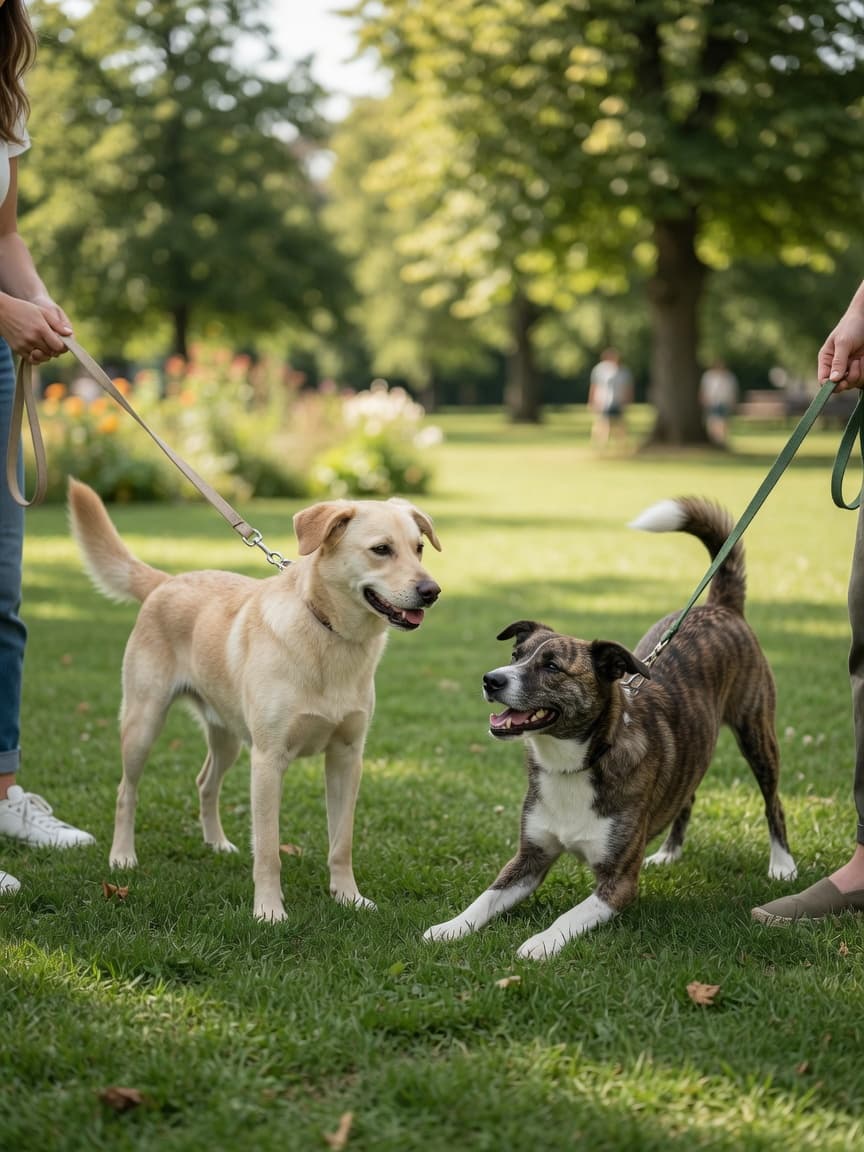 Two friendly dogs meeting calmly on neutral ground in a sunny park, displaying relaxed body language and proper introduction spacing
