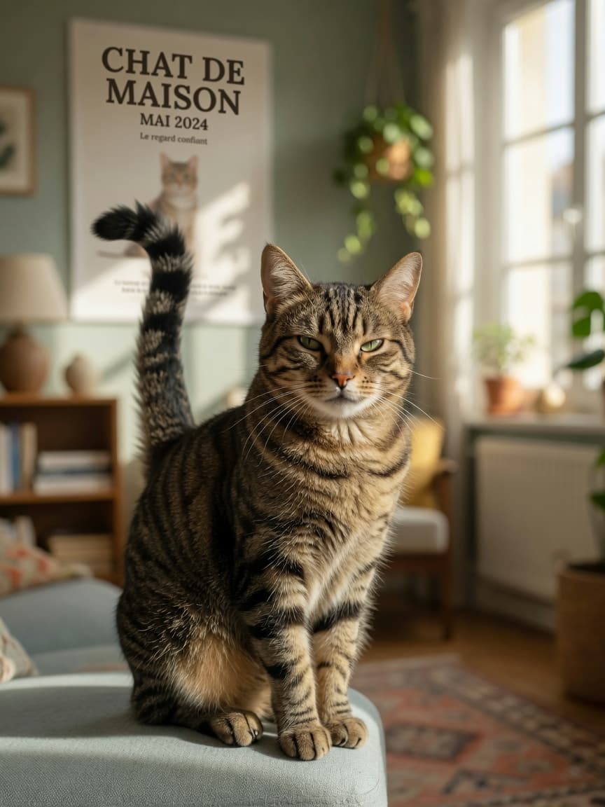 Alert tabby cat with raised tail and forward-facing ears displaying confident, friendly body language