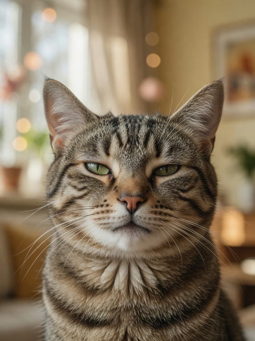 Close-up of a tabby cat's face performing a slow blink with relaxed, trusting expression and forward ears