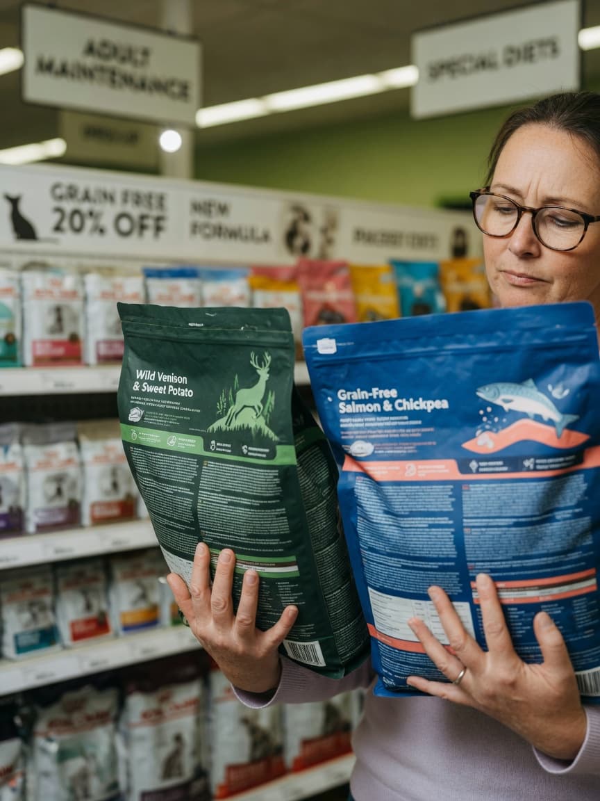 Dog owner's hands comparing two dog food bags in a pet store, examining ingredient labels