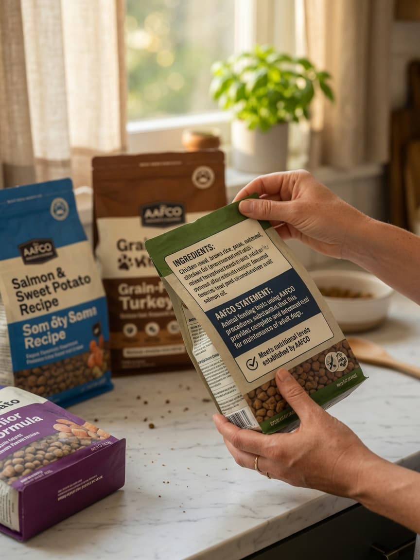 Pet owner reading and examining pet food label in kitchen with multiple bags on counter