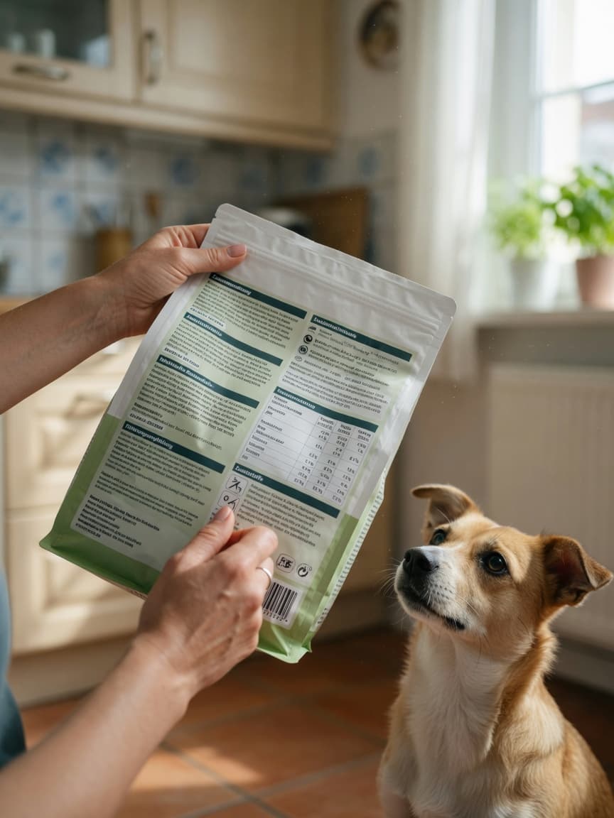 Pet owner examining the back of a pet food bag label while a dog watches nearby