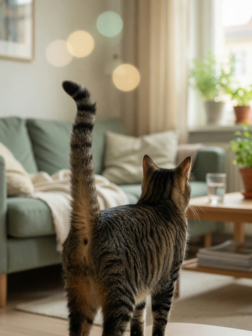 A tabby cat with tail held upright in a question-mark shape, displaying confidence and affection