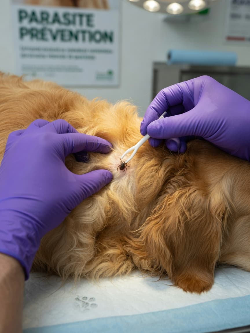Veterinarian using a tick removal hook to safely remove a tick from a golden retriever's skin during an examination