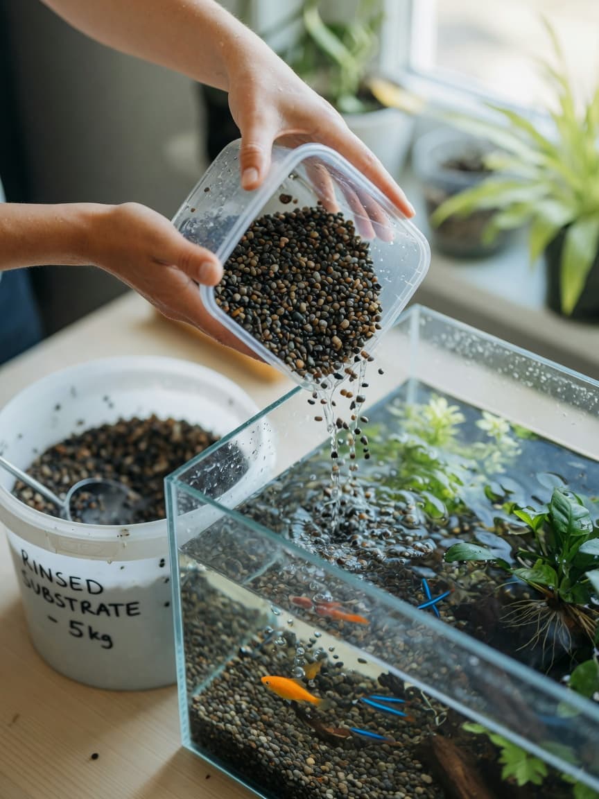 Hands pouring rinsed aquarium substrate into a tank with fish and plants visible, water bucket nearby