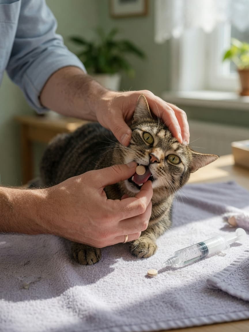 Cat owner's hands carefully administering a pill directly into a tabby cat's mouth during direct administration technique