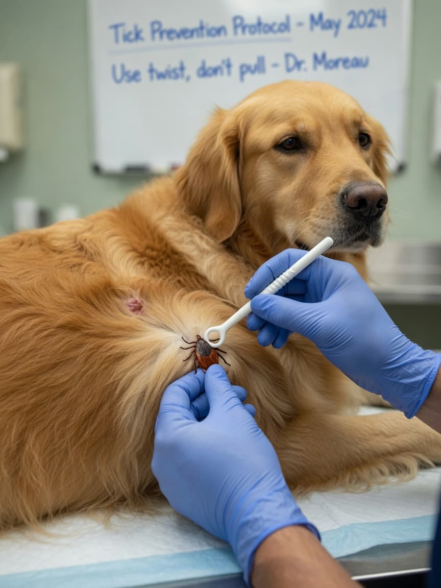 Veterinarian using a tick hook to safely remove a feeding tick from a dog during proper removal technique