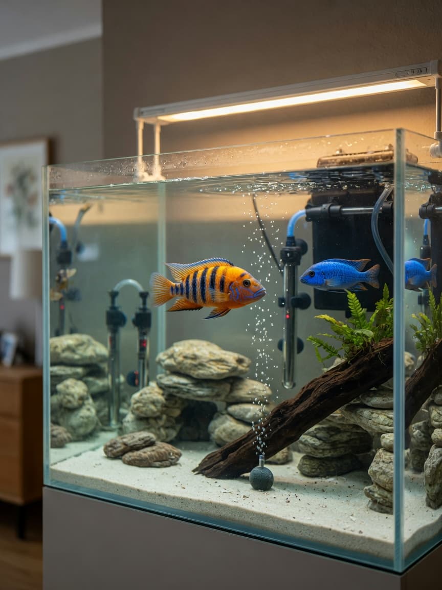 Beautifully set up cichlid aquarium with vibrant fish, sand substrate, rocky caves, driftwood, and proper filtration equipment clearly visible
