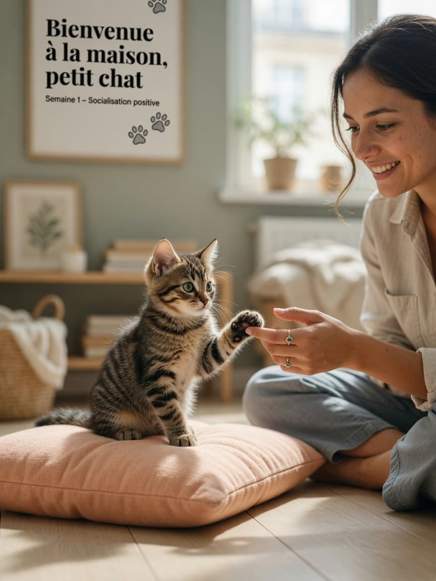 Young tabby kitten gently touching a woman's hand during first socialisation