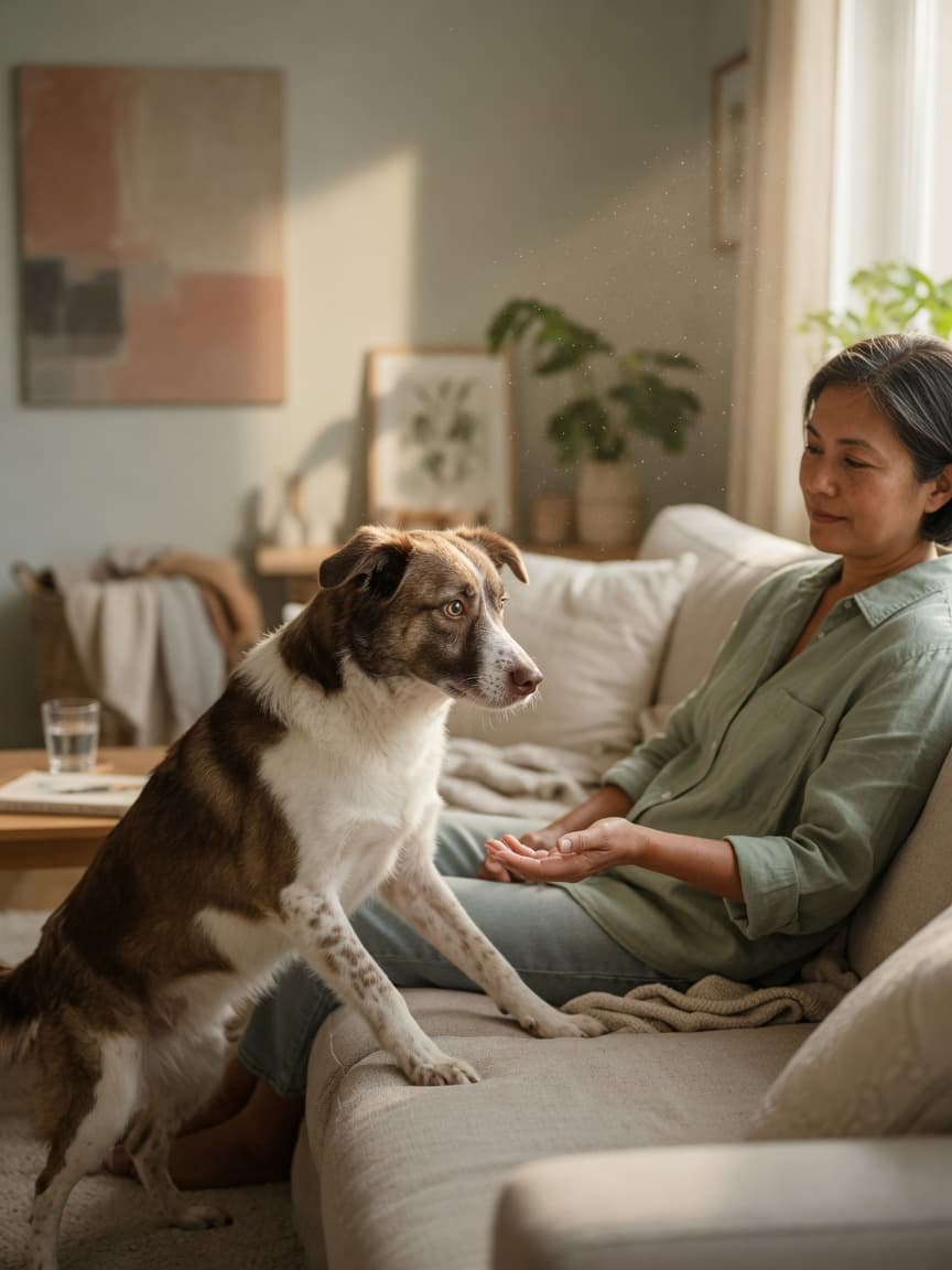 Nervous dog sitting with calm owner in living room, owner extending hand gently in reassuring gesture