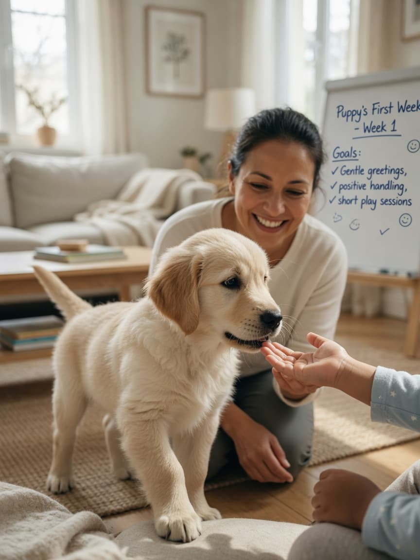 A cream-colored Golden Retriever puppy sniffing a child's hand during a supervised, positive introduction at home, demonstrating safe early socialization