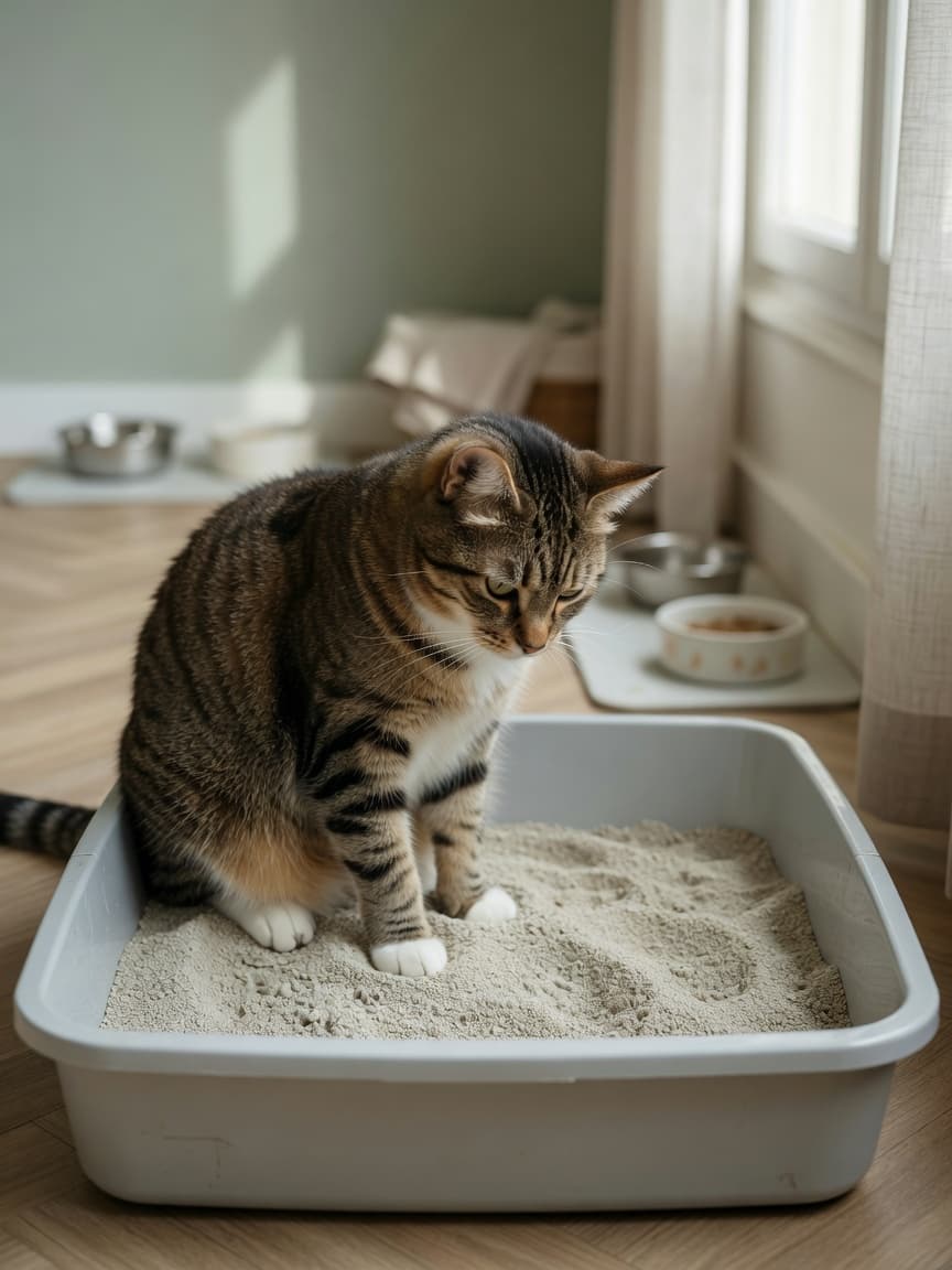 Tabby cat using a clean litter box in a quiet home corner with soft natural light
