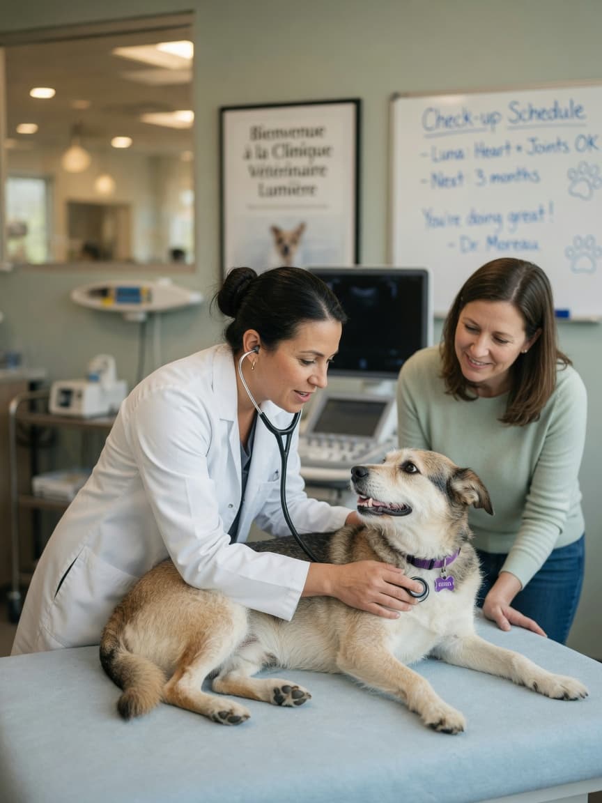 Veterinarian performing a gentle examination on a dog while communicating openly with the owner in a modern clinic setting