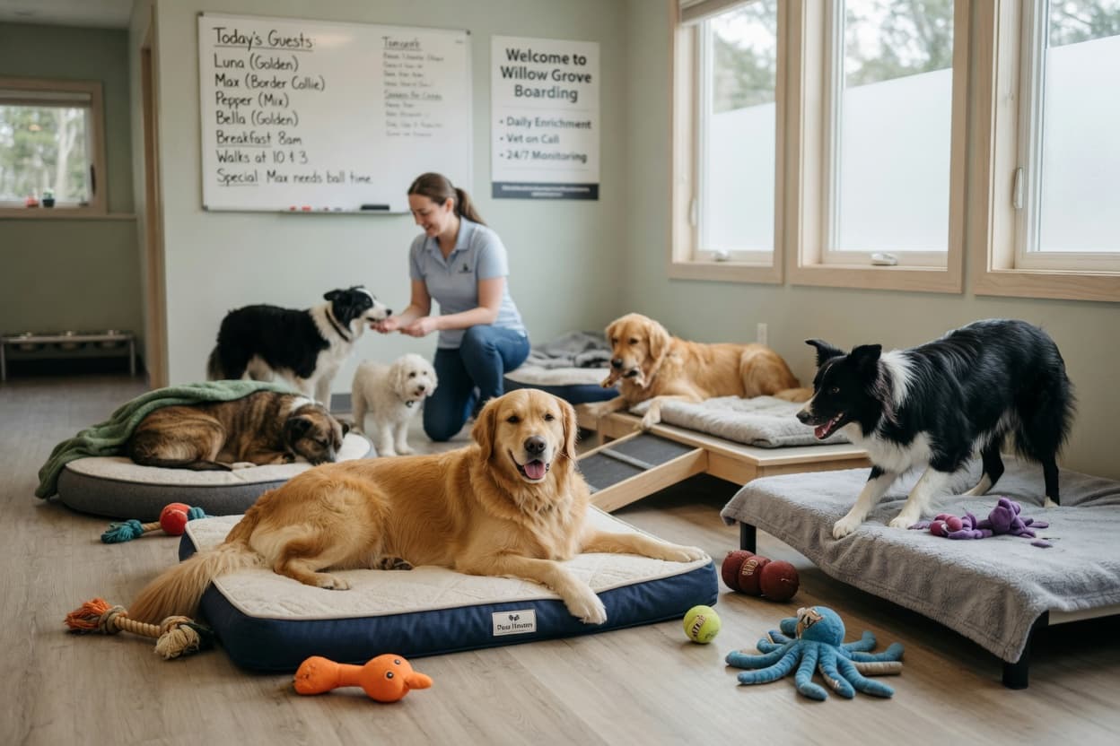 Professional dog boarding facility with multiple happy dogs of different breeds playing and resting together in a well-equipped, bright interior space