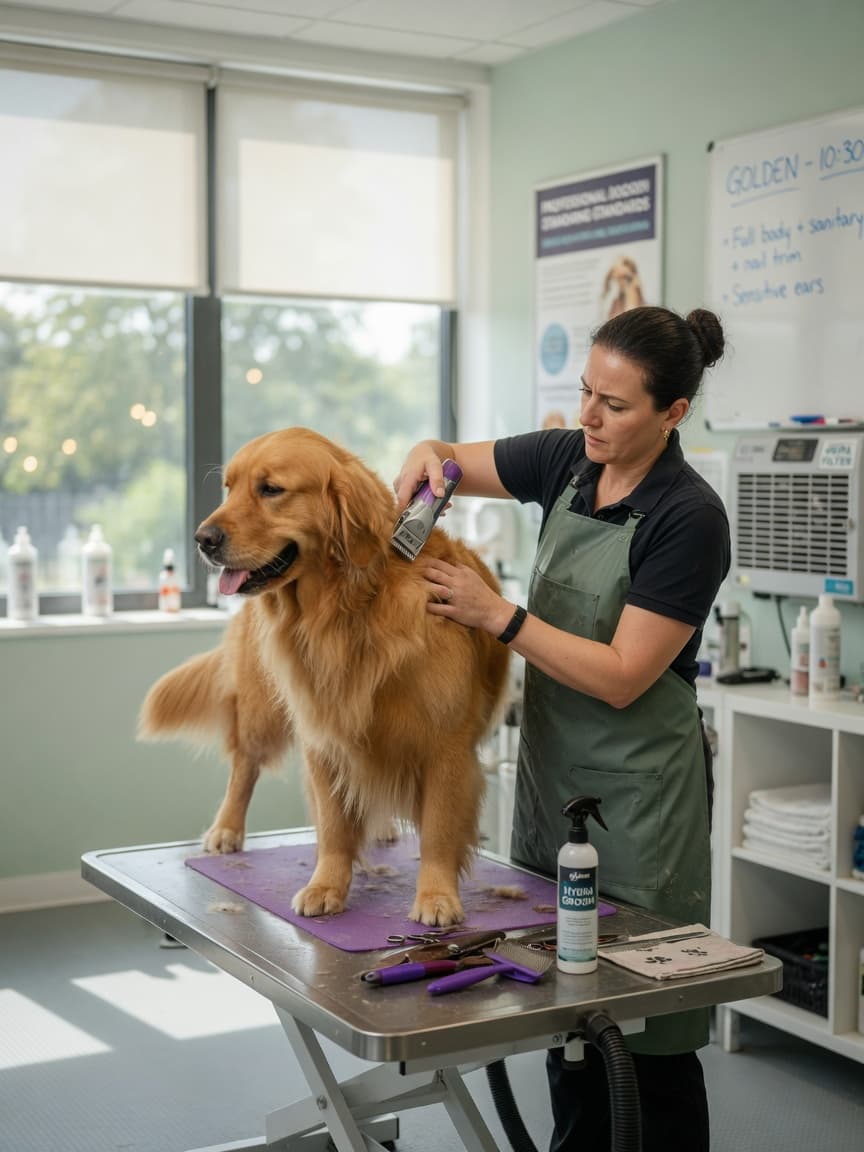 Professional dog groomer trimming a Golden Retriever on a grooming table in a modern salon with natural light
