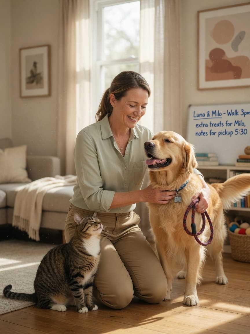 Professional pet sitter kneeling to pet a Golden Retriever indoors with a tabby cat nearby, warm sunlit home setting