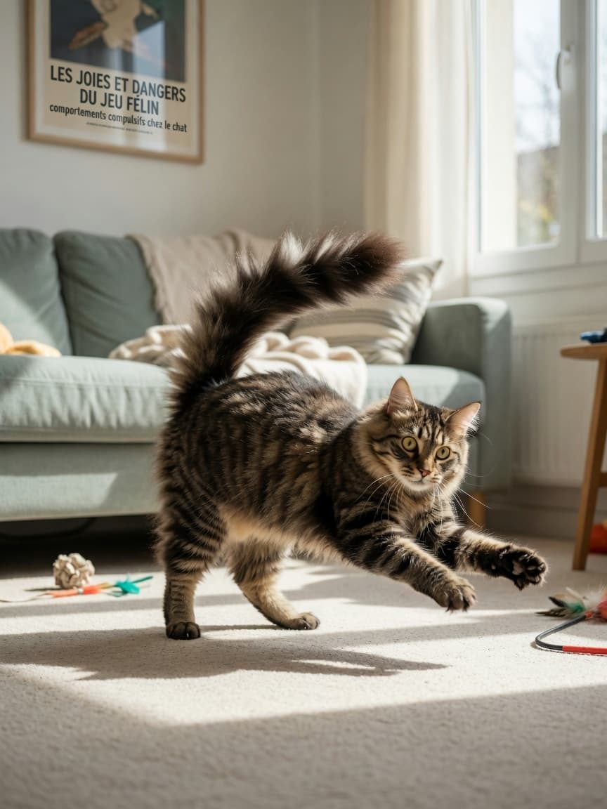 Tabby cat pouncing on its own tail in a sunlit living room