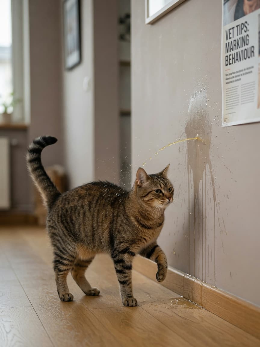 Cat spraying urine on a wall in territorial marking behaviour