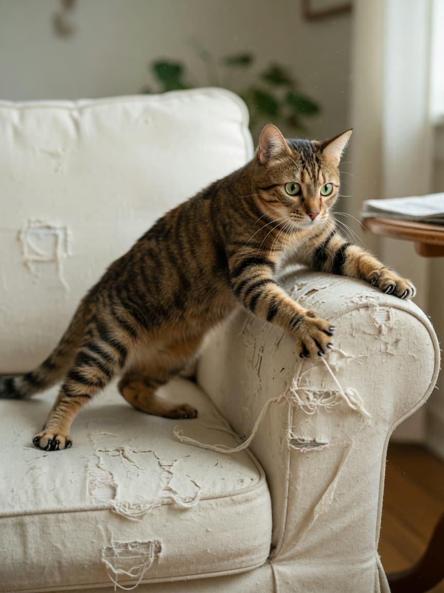 Tabby cat scratching a damaged cream sofa with visible claw marks and torn fabric