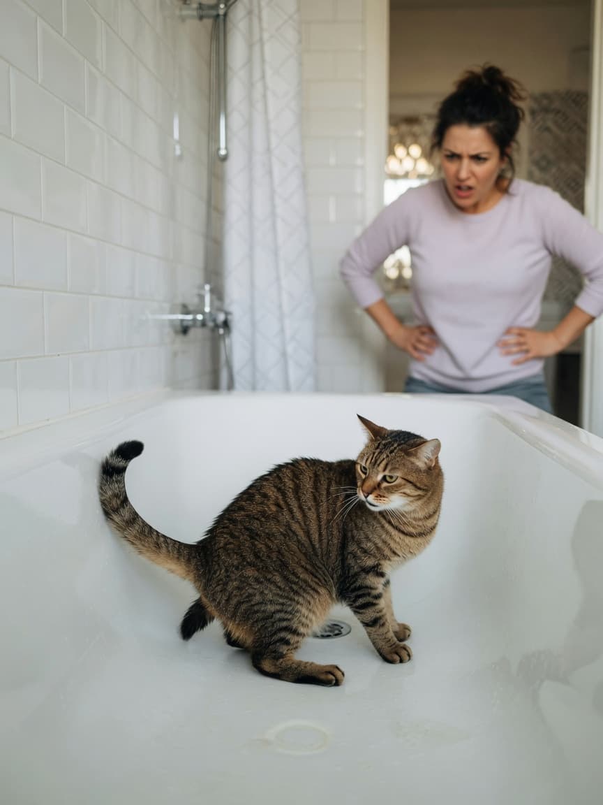 A tabby cat squatting inside a white bathtub while an exasperated owner watches from the doorway