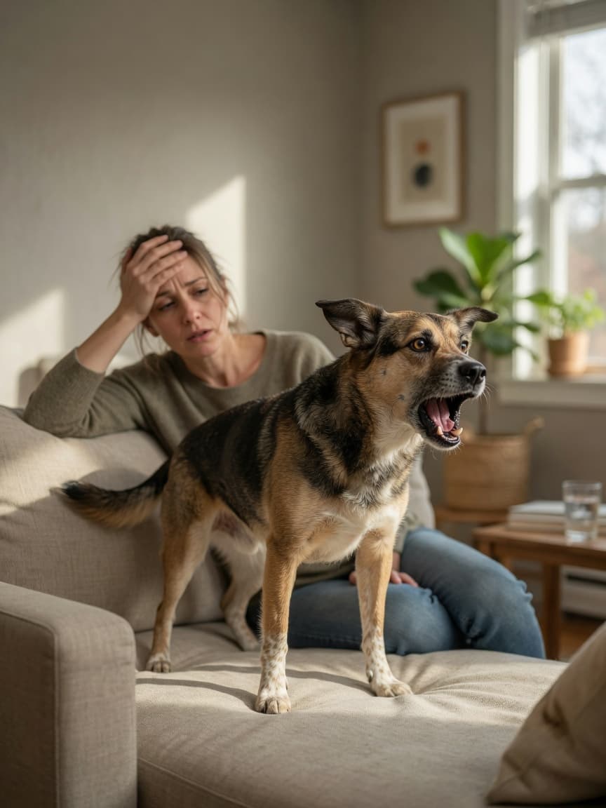 Frustrated dog owner on couch with barking dog showing the challenge of excessive barking behavior