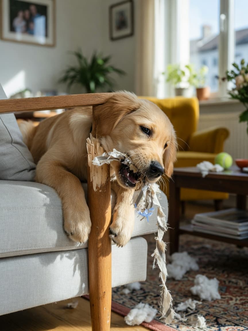 Golden puppy chewing on a torn sofa cushion in a bright living room