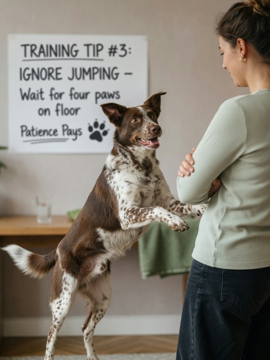 Dog jumping up on a woman who is turning away with crossed arms, demonstrating the extinction technique for stopping jumping behavior