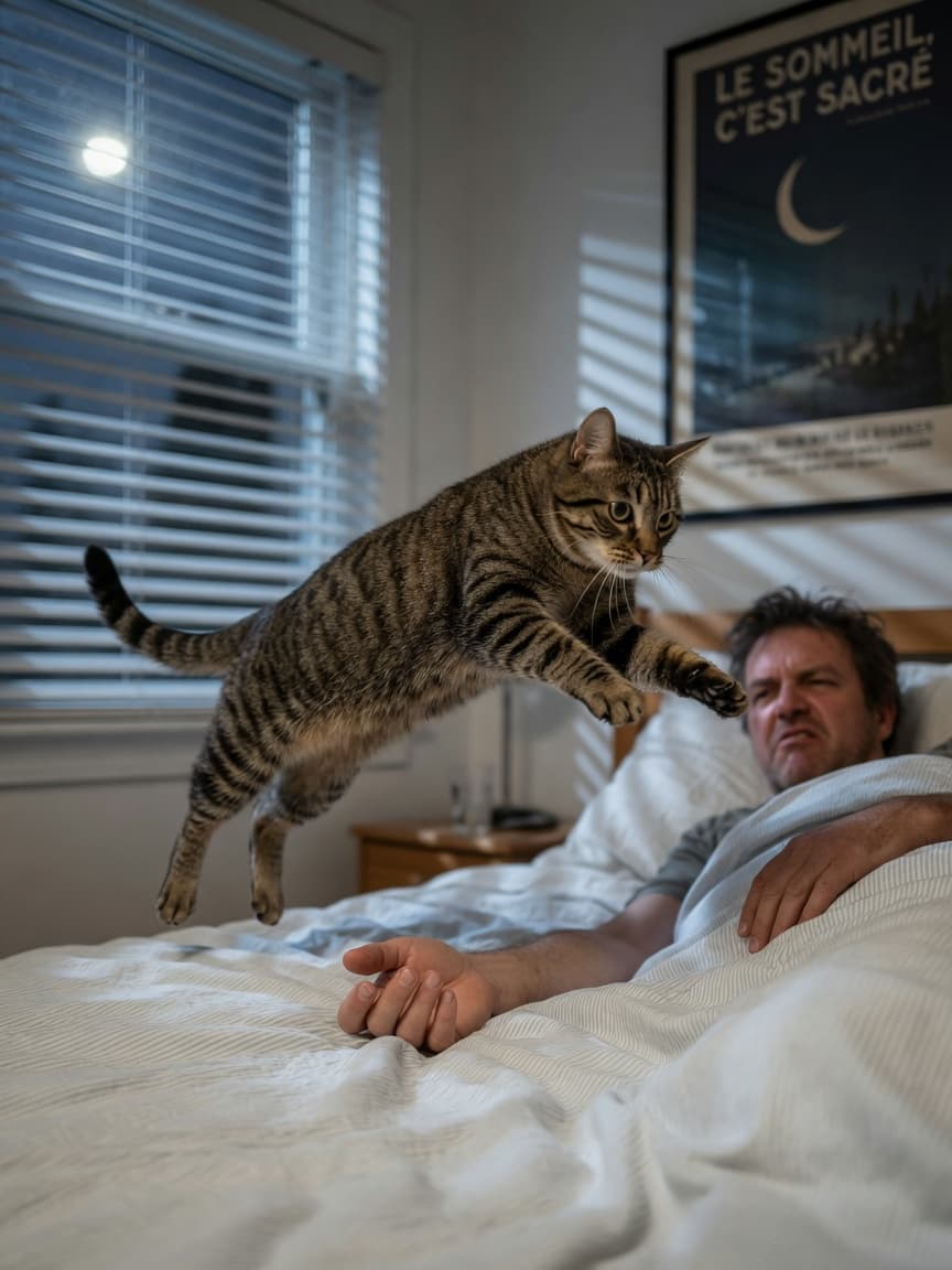 An energetic tabby cat mid-pounce on a sleeping owner's hand in bed at night