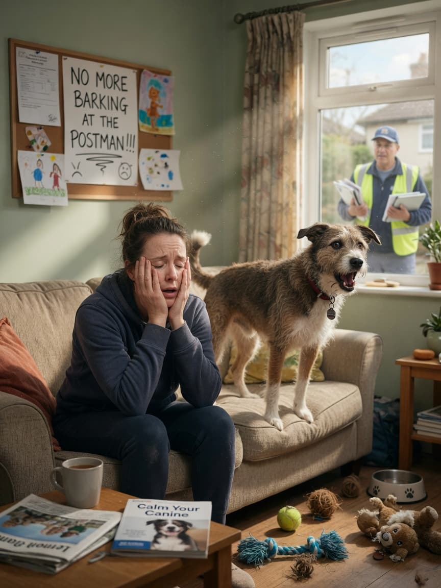 Dog barking at window while owner sits on sofa looking frustrated