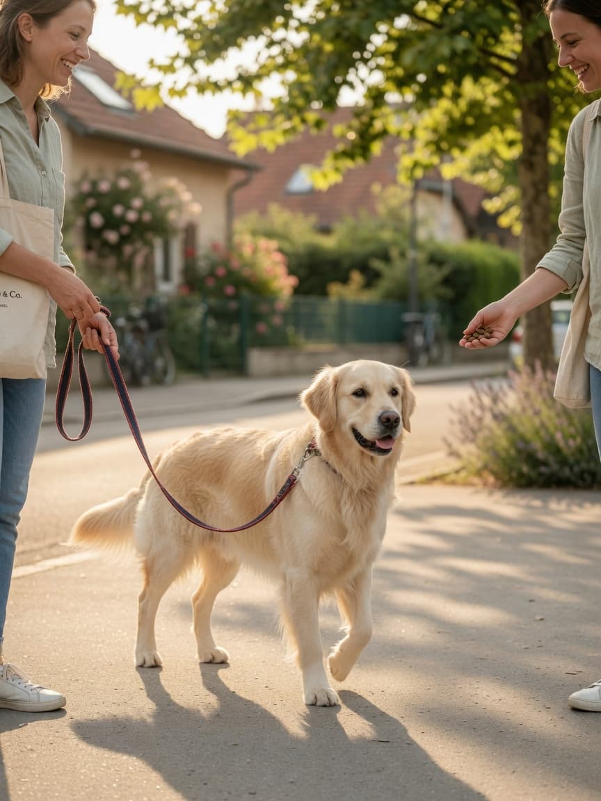A golden retriever walking calmly on a slack leash alongside their owner during morning golden hour, demonstrating proper loose lead walking behaviour