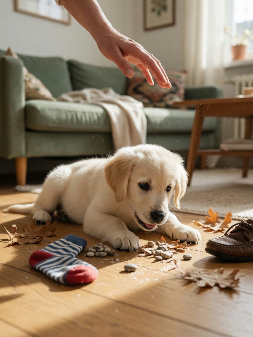Curious golden retriever puppy exploring forbidden household items including socks, shoes, pebbles and leaves on a wooden floor with owner's hand reaching to redirect.