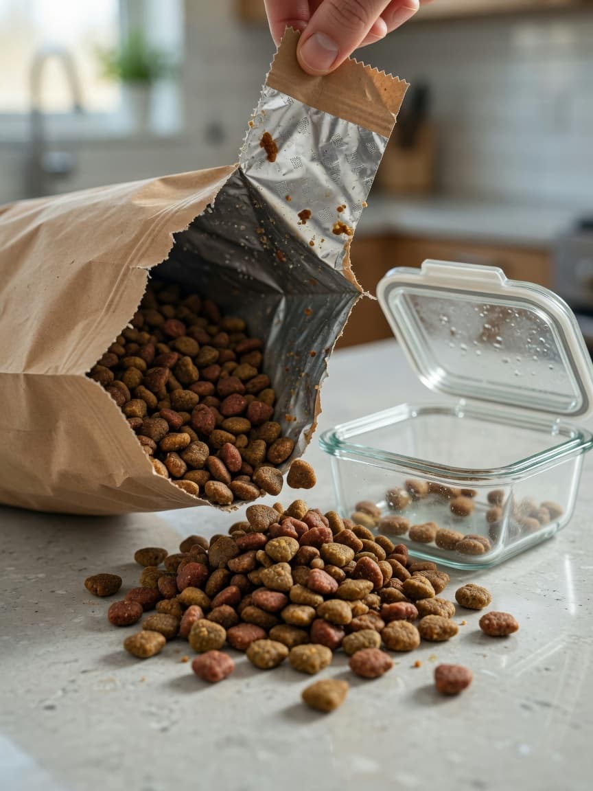 Dog food kibble spilling from an open bag next to a glass storage container on a kitchen counter
