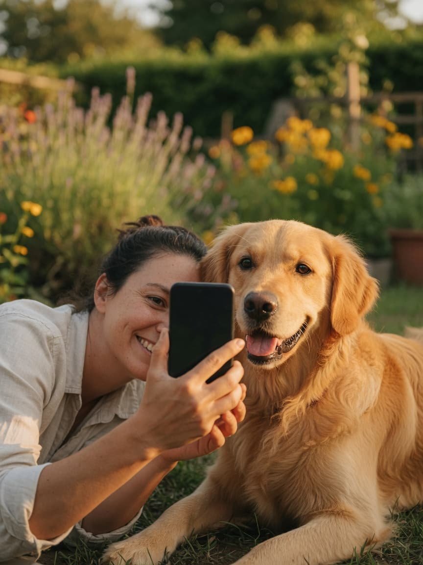 Photographer crouching at dog's eye level during golden hour, capturing a happy golden retriever's engaged expression with natural lighting