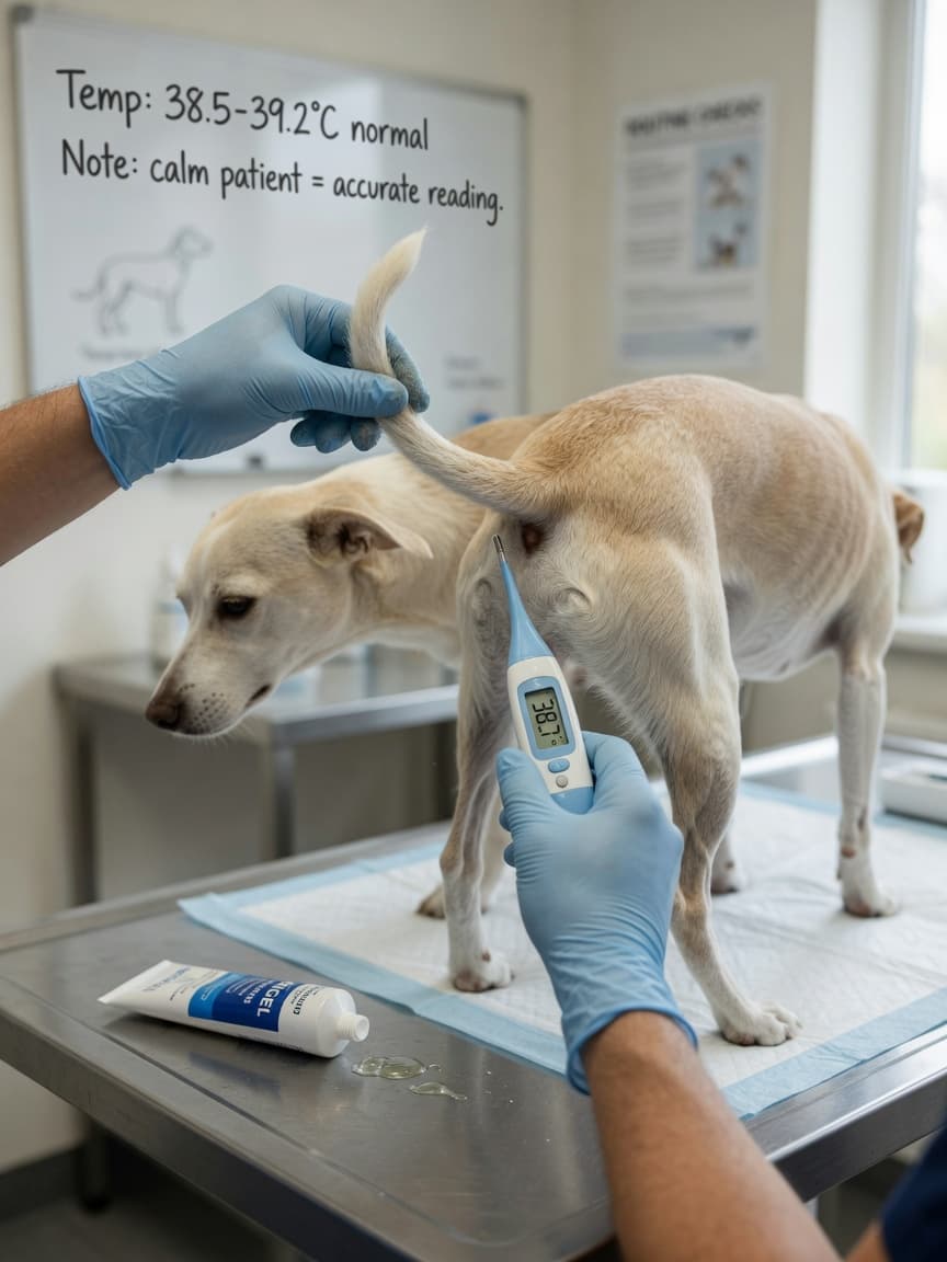 Veterinarian's gloved hands gently taking a dog's rectal temperature with a flexible digital thermometer during a clinical examination