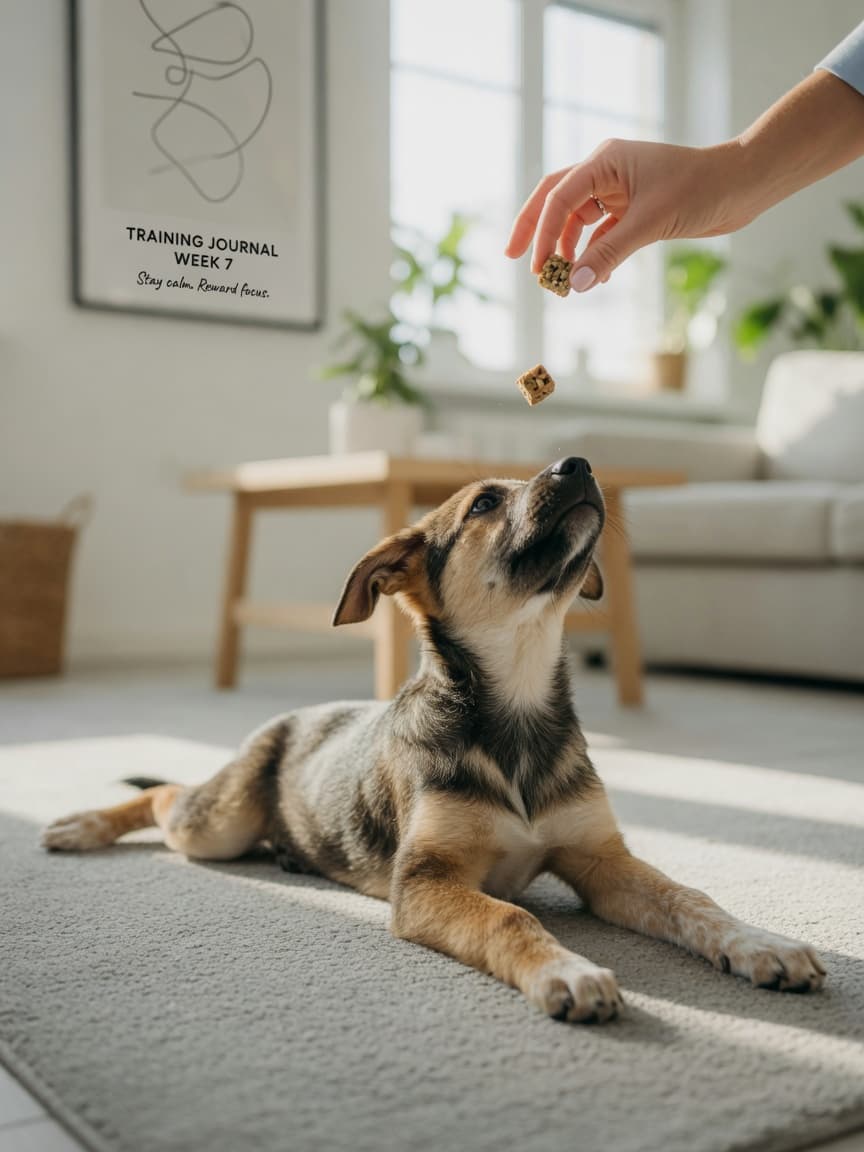 A calm dog lying down on a carpet, focused on an owner's hand offering a training treat, demonstrating the down command.