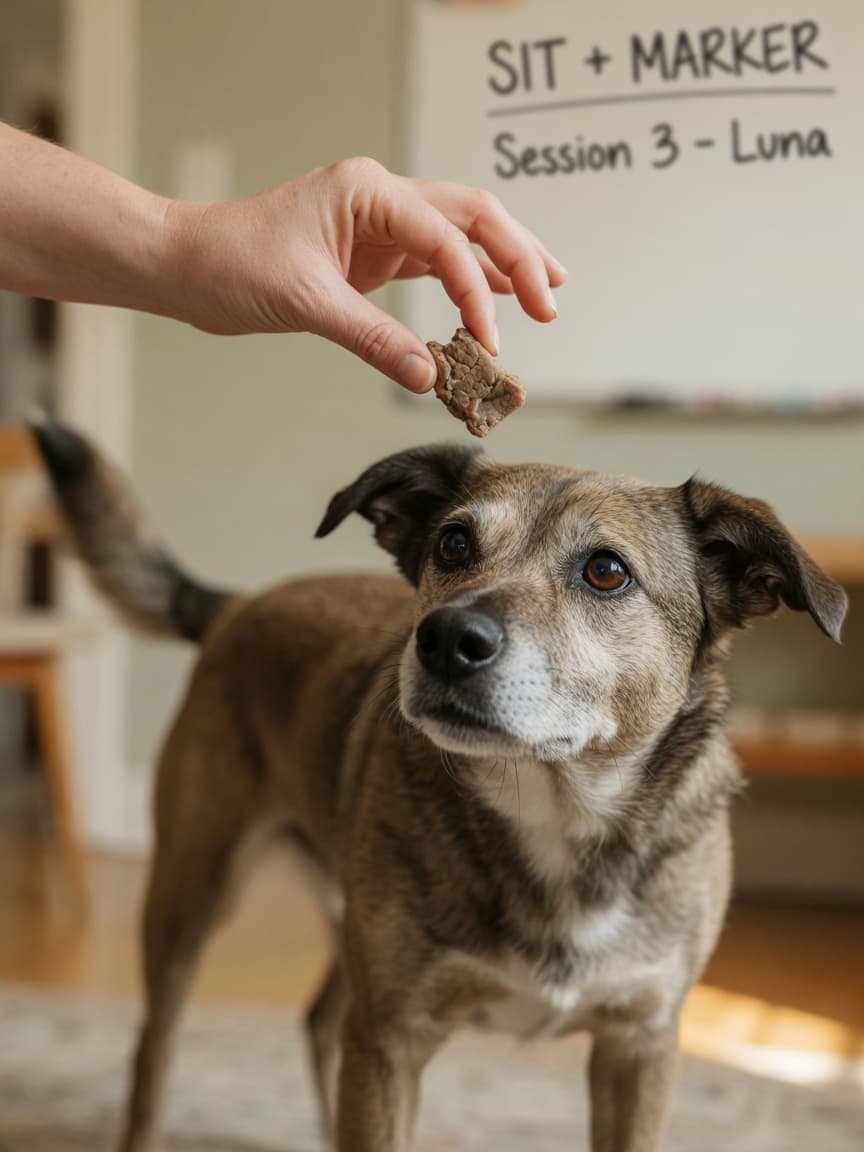 Dog trainer luring a dog into the sit position by moving a treat upward and back from the dog's nose