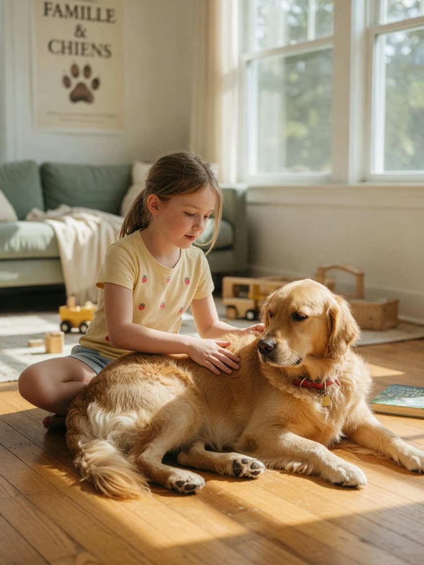 A child gently petting a golden retriever's back with calm focus while the dog shows relaxed body language in a sunlit family room