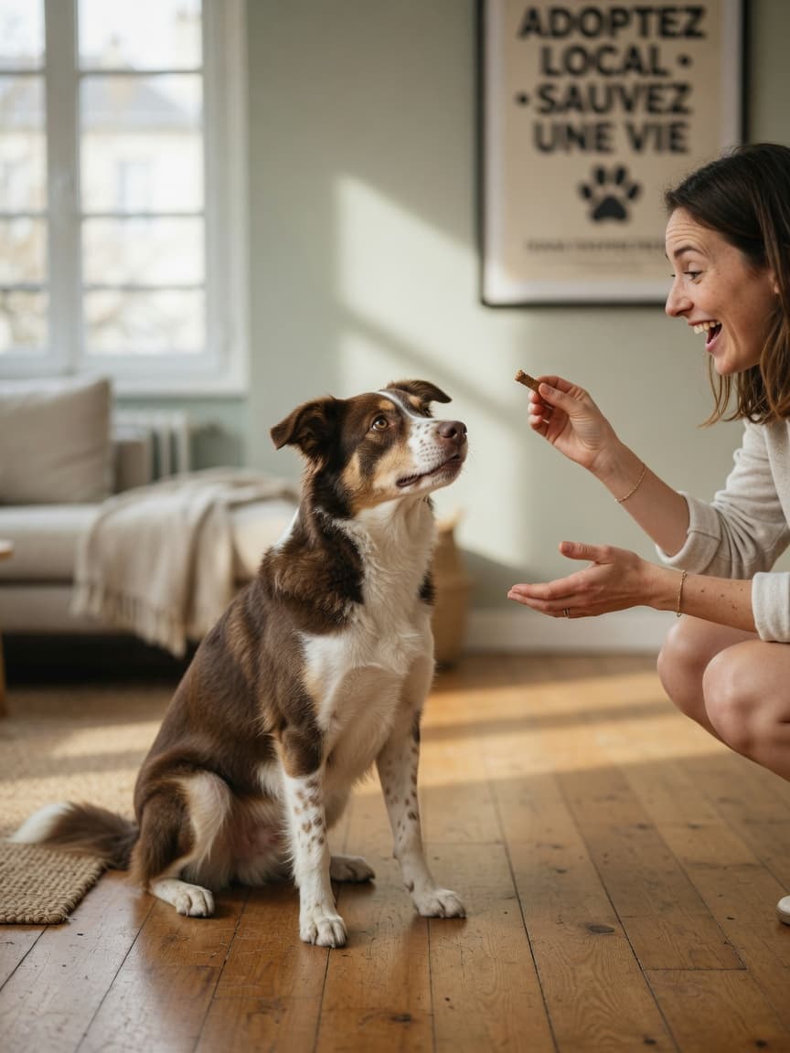 Woman crouching with open arms encouraging a brown and white dog to sit on a hardwood floor indoors